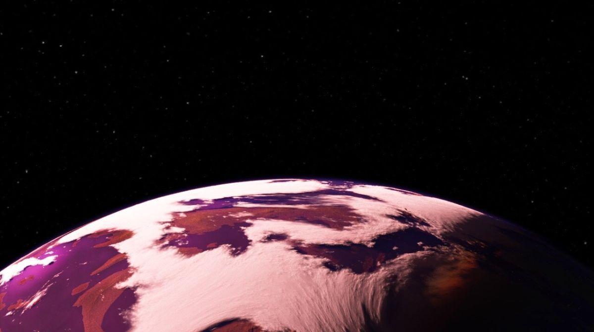 Recreación artística de un exoplaneta teórico que orbita una estrella más roja que nuestro Sol, provocando que los microbios y las plantas de su superficie reflejen colores muy distintos a los de los bosques terrestres.