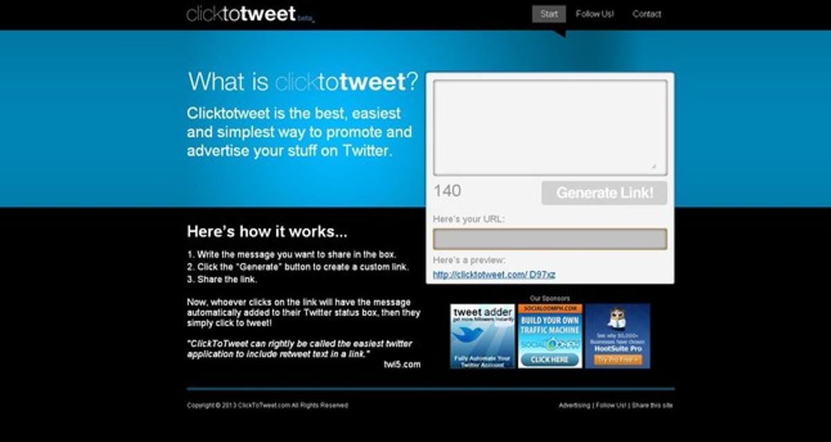 Imatge de la pàgina web de Clic to Tweet, la nova eina que ajuda en la distribució de post a la xarxa social Twitter. Imatge de la pàgina web de Clic to Tweet, la nova eina que ajuda en la distribució de post a la xarxa social Twitter.