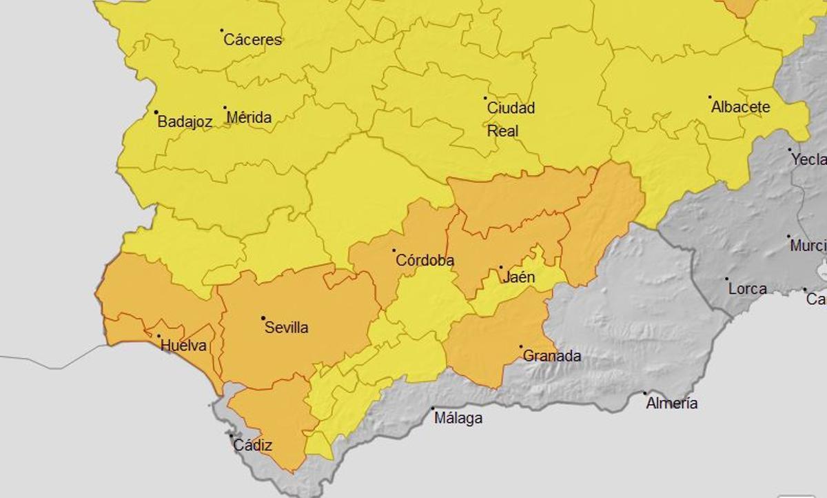Mapa de alertas en Andalucía para este domingo.