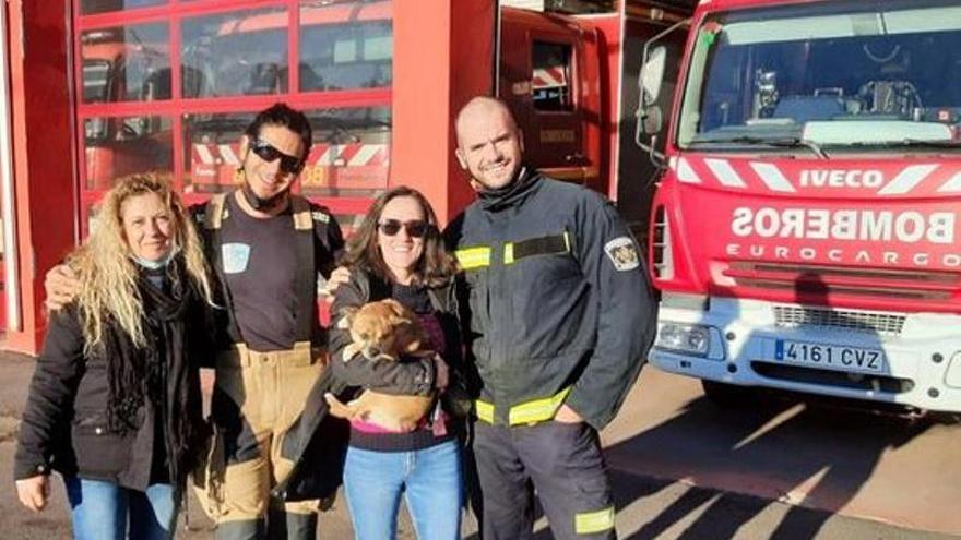 Los bomberos que rescataron a la perro del montañero, con sus dueñas.