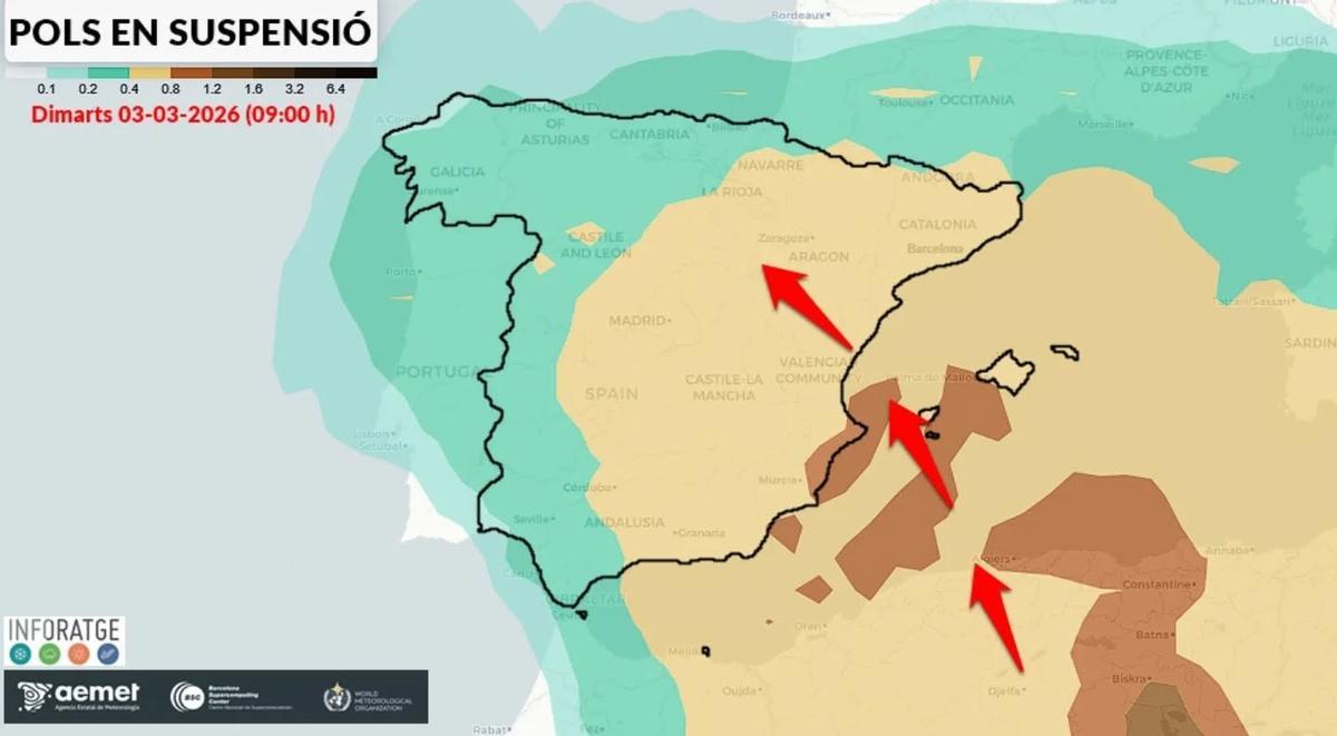 Mapa sobre la evolución del polvo en suspensión