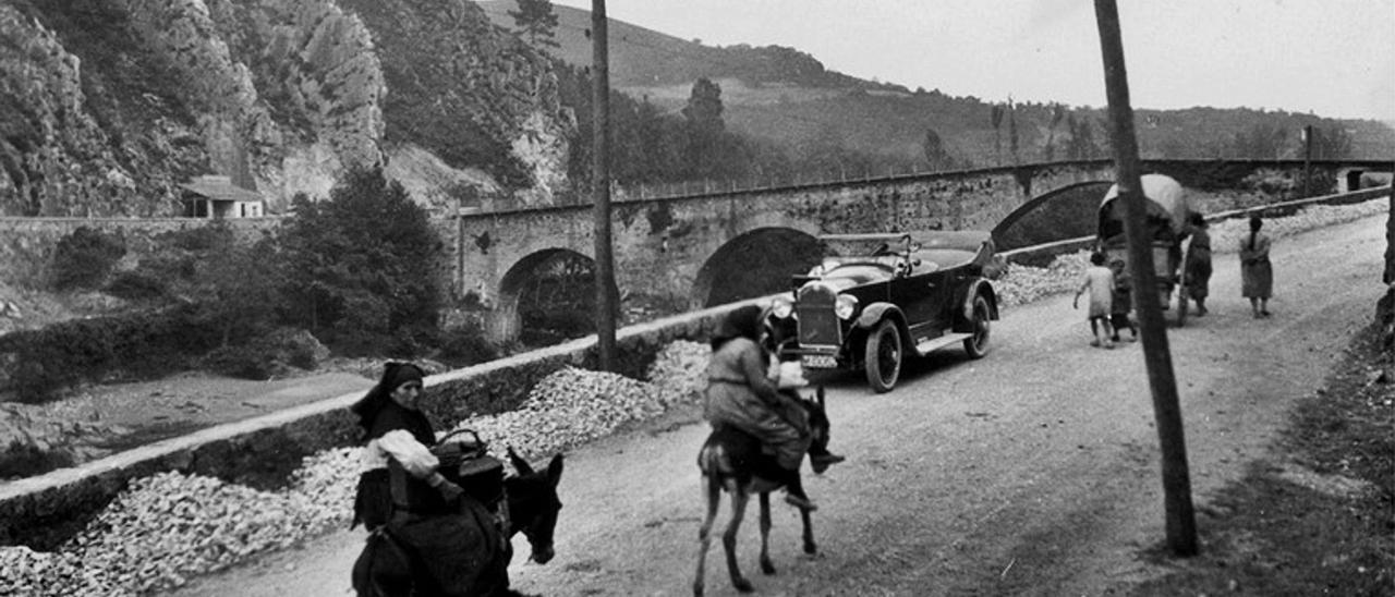 Caballerías con sus albardas junto al puente de Peñaflor (1930). | Marqués de Santa María del Villar