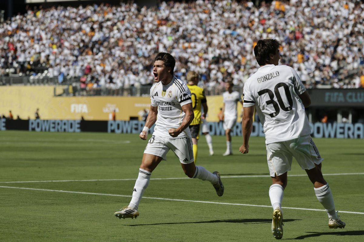 Real Madrids Fran Garcia celebrates after scoring his sides second goal against Borussia Dortmund during the Club World Cup quarterfinal soccer match between Real Madrid and Borussia Dortmund in East Rutherford, N.J., Saturday, July 5, 2025. (AP Photo/Adam Hunger)