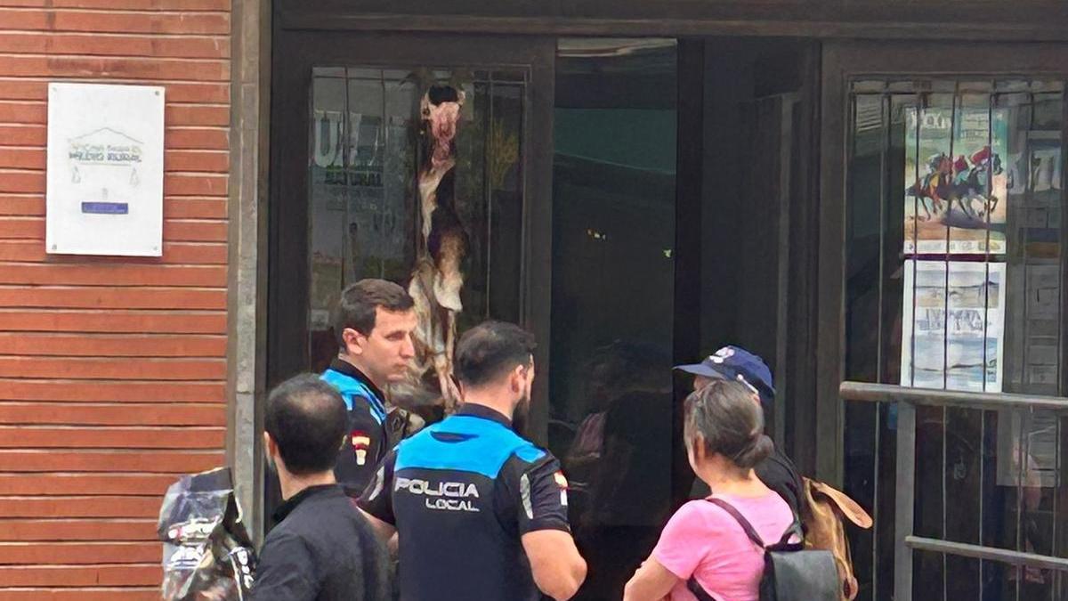 Varios policías locales, este viernes, junto al cadáver de la cabra colgado a la entrada de la sede de la Consejería de Medio Rural en Ribadesella.