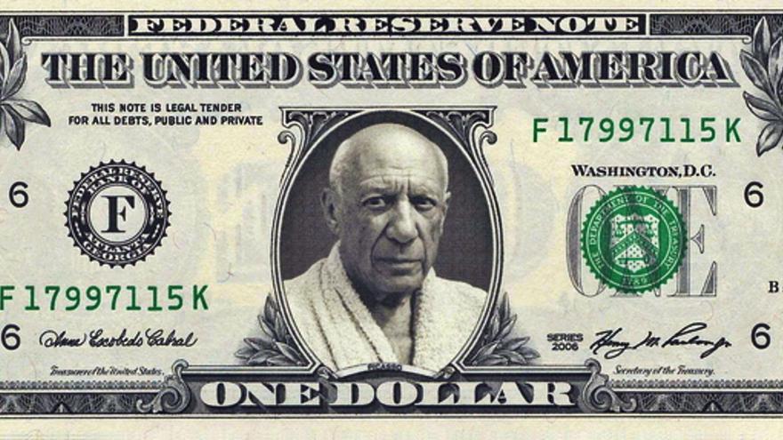 Montaje del icónico billete de un dólar con un retrato de Pablo Picasso