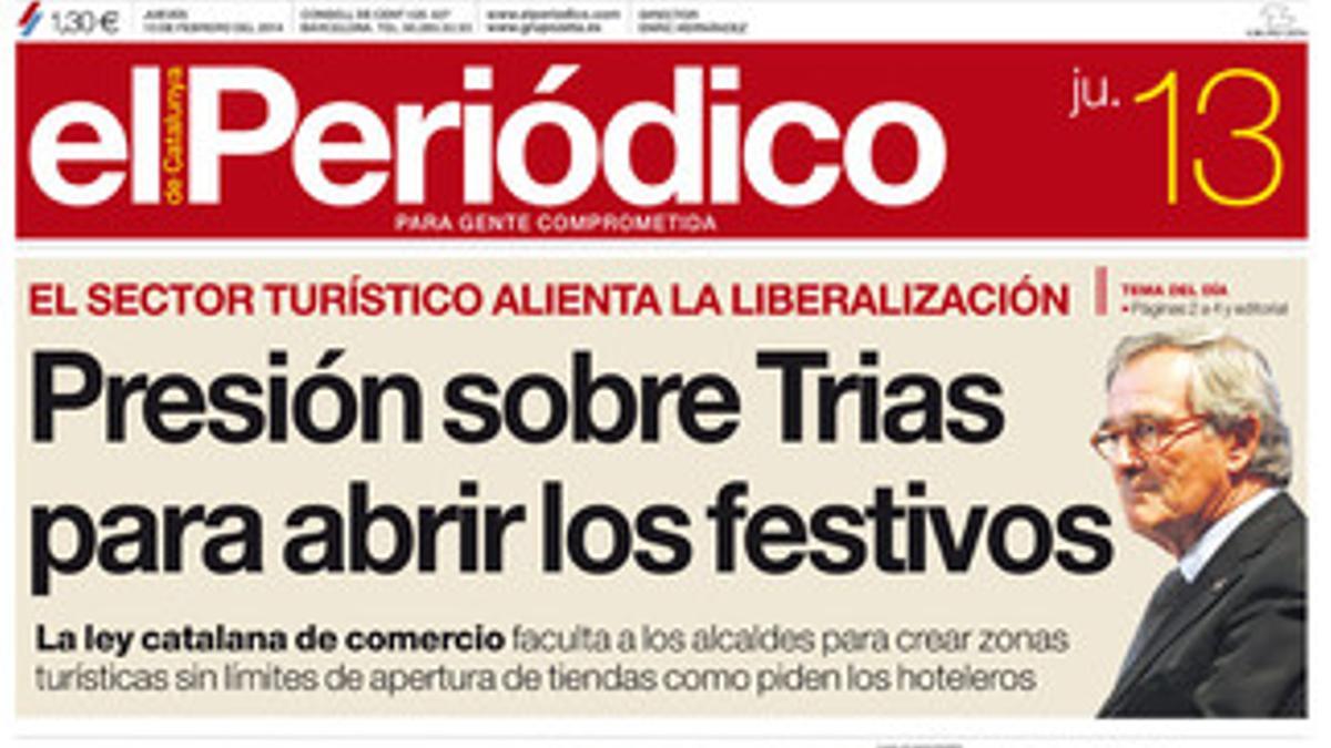 La portada de EL PERIÓDICO (14-2-2014).