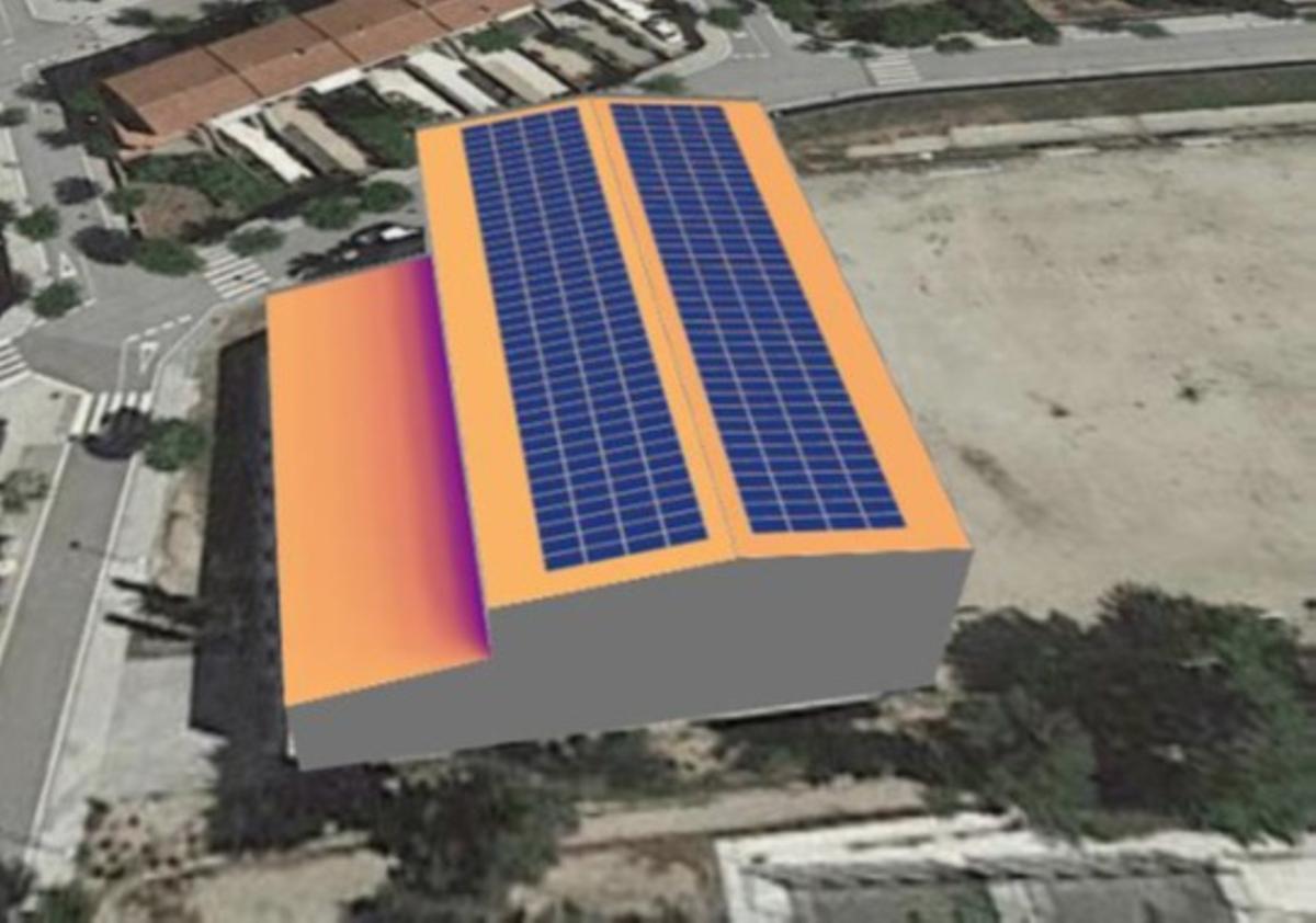 Recreació digital de com quedaran les plaques fotovoltàiques instal·lades al poliesportiu