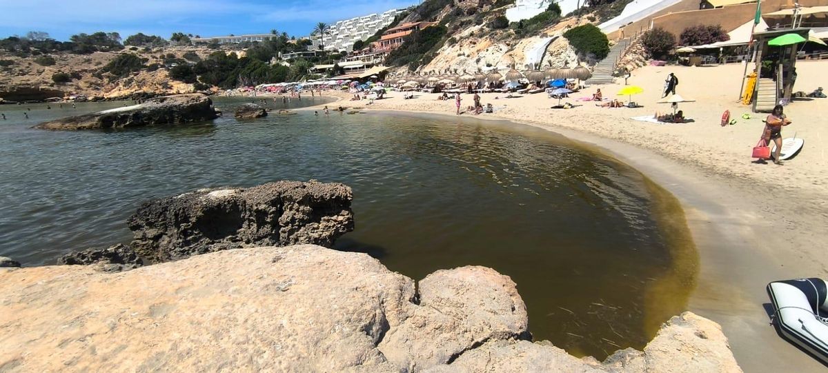 Imagen de Cala Tarida el lunes al mediodía, con toda el agua turbia por la mancha.