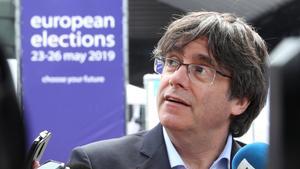 Former Catalan President Carles Puigdemont talks to the media during European Parliament Elections, outside EU Parliament, in Brussels, Belgium May 26, 2019.  REUTERS/Yves Herman