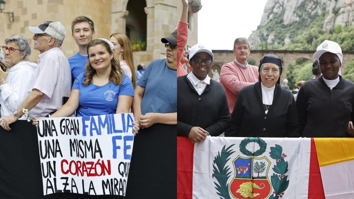 Diversos fidels esperen l'arribada del Papa Lleó XIV a Montserrat