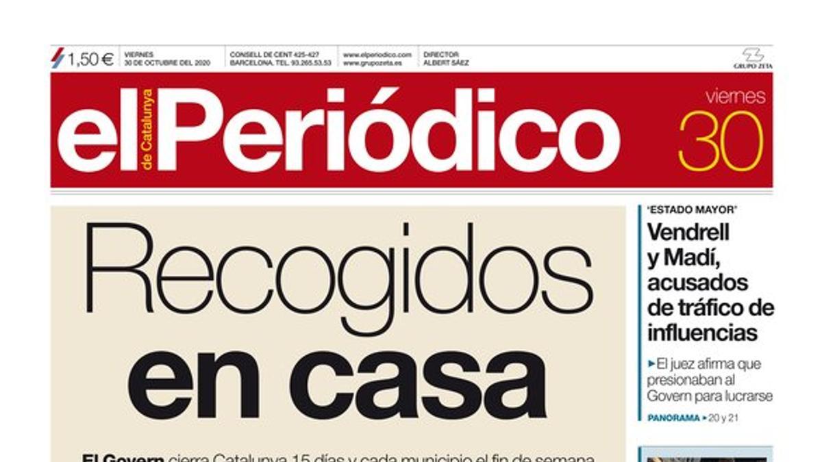 La portada de EL PERIÓDICO del 30 de octubre del 2020.