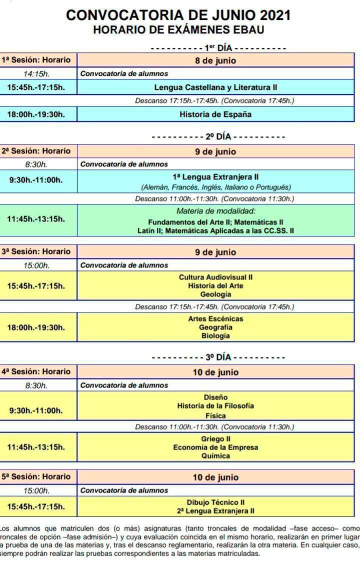 Horarios EBAU Asturias Junio 2021