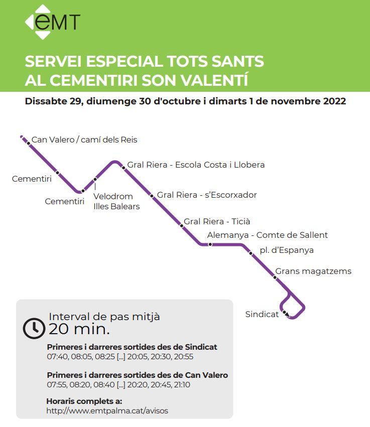 Frecuencias e itinerario del servicio especial de la EMT por Tots Sants