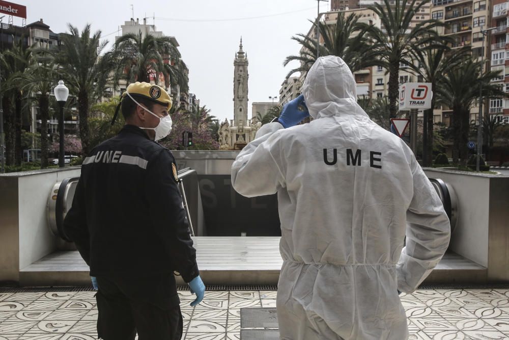 Trabajos de la UME en la Estacion de Renfe, Luceros y Hospital General de Alicante