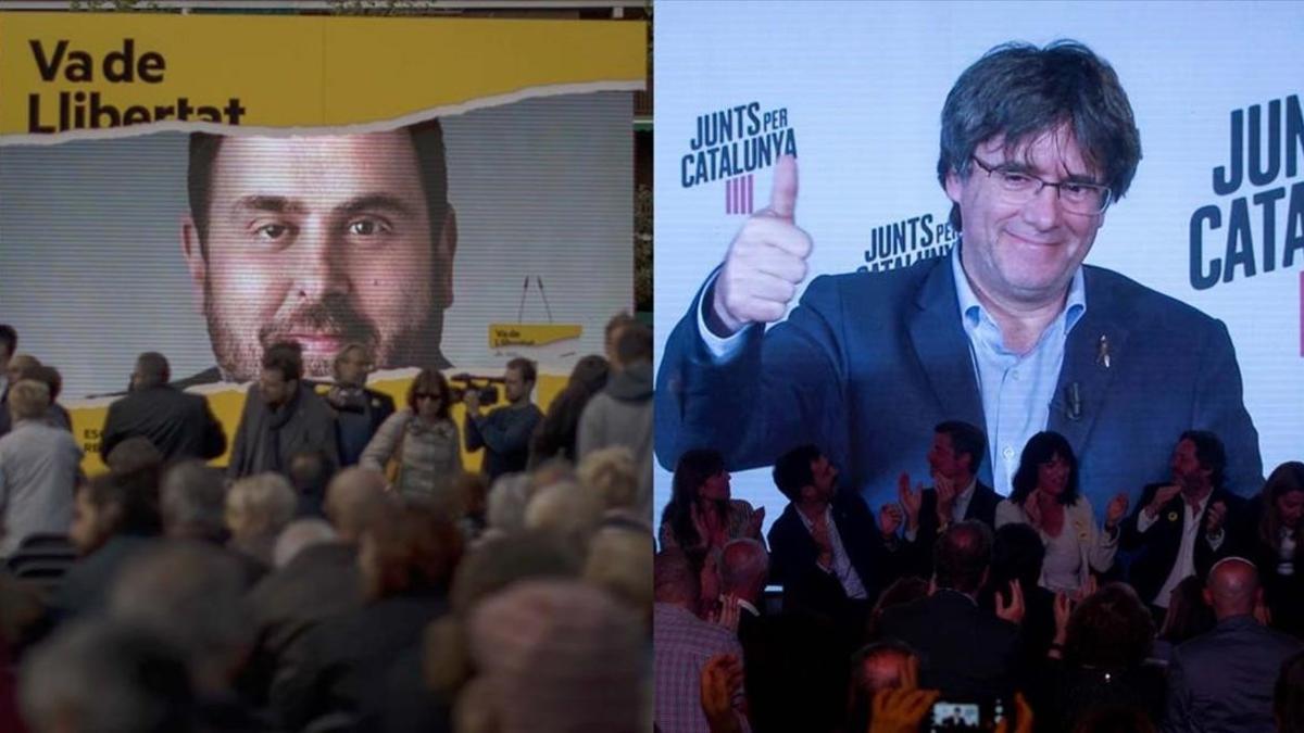 Imágenes de Oriol Junqueras y Carles Puigdemont en mítines electorales.