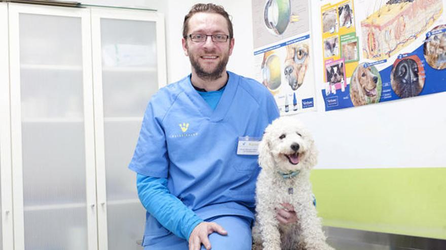 El veterinario Óscar Beceiro, con un perro, en su clínica.