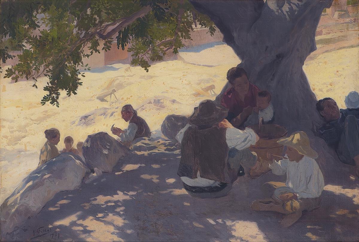 Grupo de labradores descansando, pintado por Fillol.