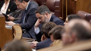Santiago Abascal en su escaño del Congreso durante el debate de investidura.
