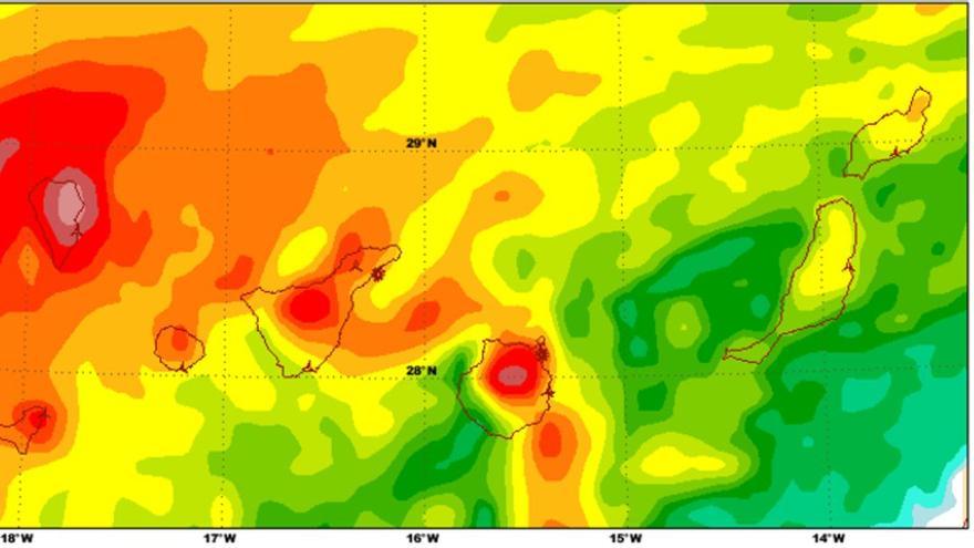 Precipitación prevista acumulada en Canarias durante el sábado, domingo y lunes, según la Aemet.