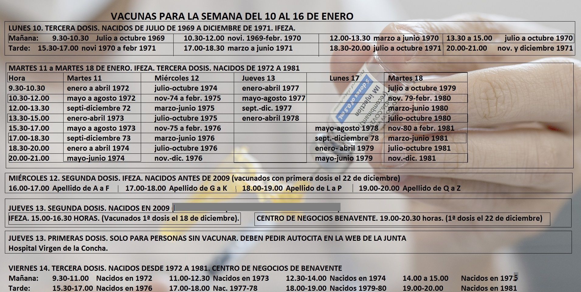 Horarios oficiales de vacunación en Zamora.