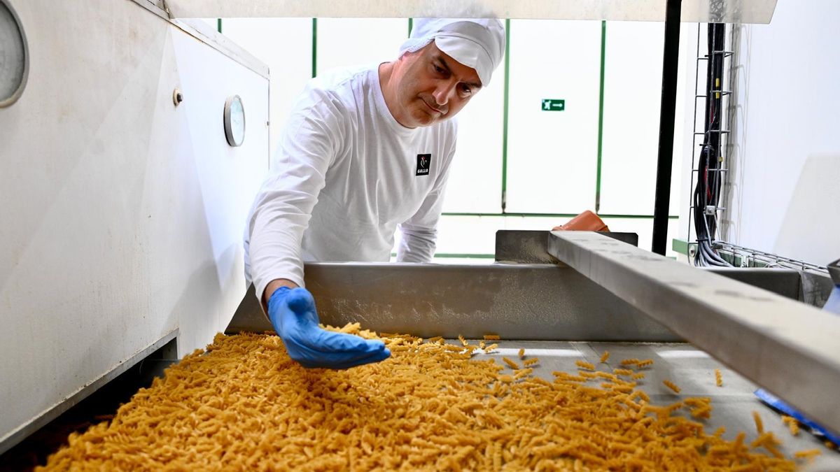 Un trabajador supervisa el proceso de fabricación de pasta hecha con harina de garbanzos en la fábrica de Pastas Gallo en Esparreguera (Barcelona).