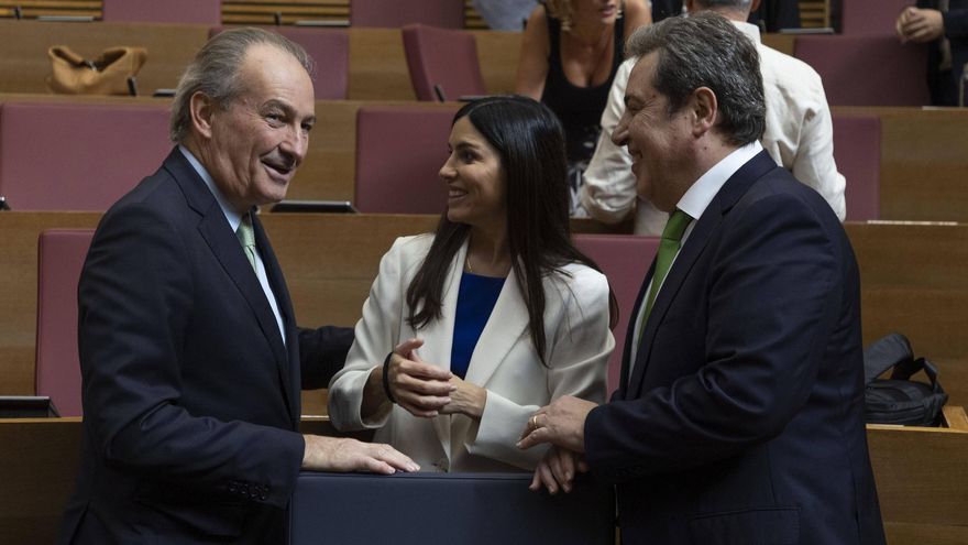 El conseller de Agricultura, José Luis Aguirre, y los diputados de Vox, Miriam Turiel y José María Llanos, en las Corts.