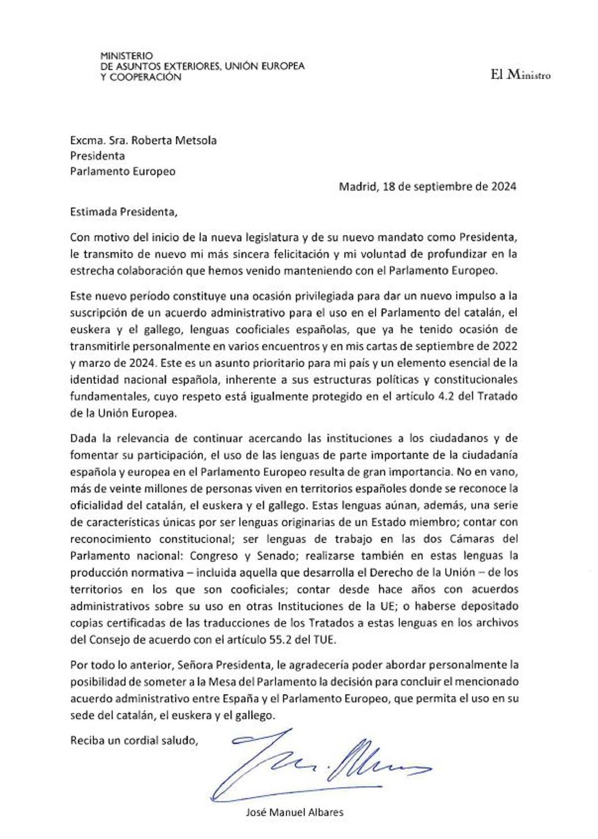 Carta de José Manuel Albares a Roberta Metsola sobre el uso del catalán