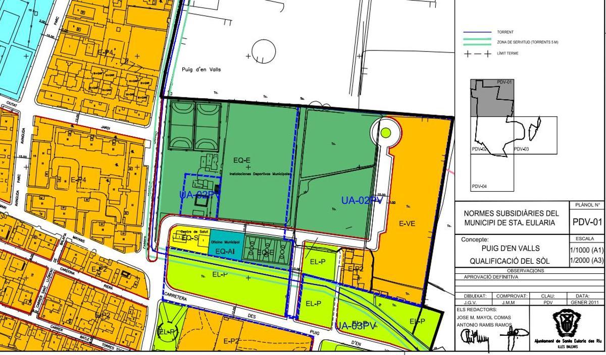 A la derecha, de color naranja (E-VE y E-P2), la zona de nuevas viviendas.De color verde se indentifica el área para equipamientos deportivos.