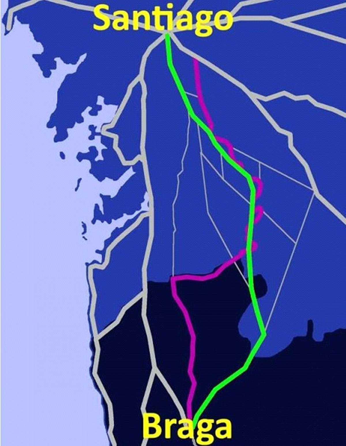 En verde, el Camiño da Geira e dos Arrieiros, en morado, el trazado del Miñoto Ribeiro