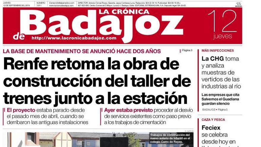 Esta es la portada de LA CRÓNICA DE BADAJOZ correspondiente al día 12 de septiembre del 2019