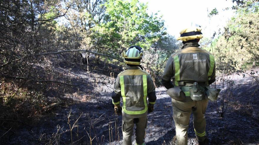 Brigadistas controlan los rescoldos del incendio en la parroquia de Angudes (Crecente).