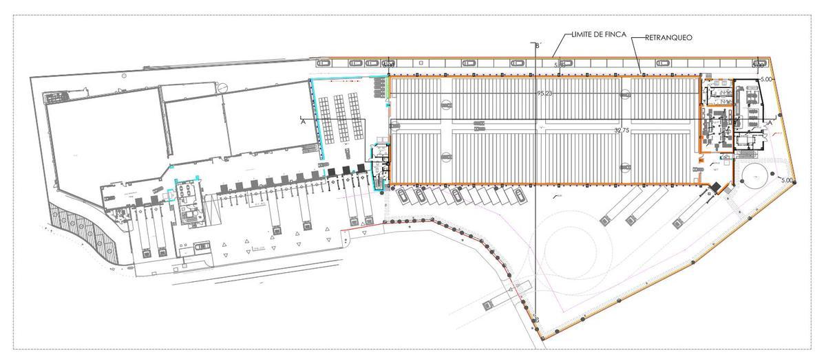 El plano de la expansión, la ampliación hacia la derecha en recuadro naranja