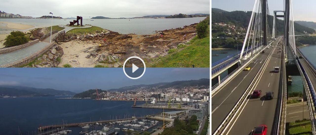 Vista desde la playa de Santa Marta en Baiona; vista de la ría desde el Hotel Bahía de Vigo; tráfico en Rande.