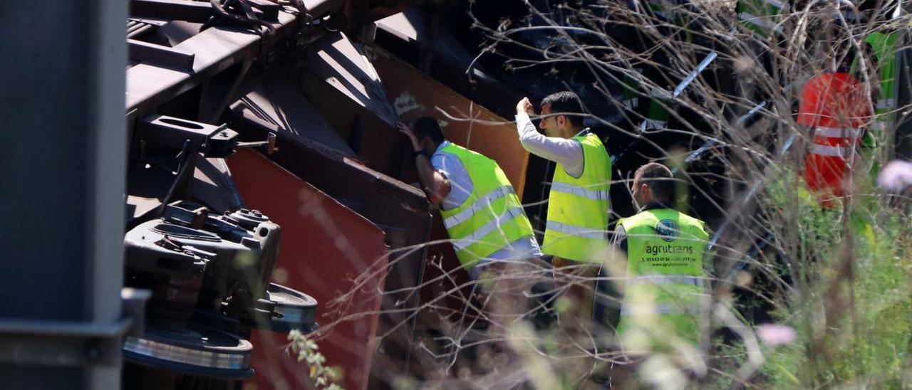 Diversos operaris inspeccionen el tren de mercaderies accidentat a Sant Boi | ACN