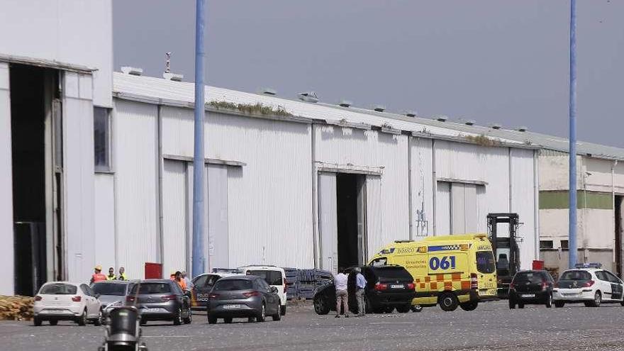 Una ambulancia y coches particulares y de cuerpos de seguridad junto a la nave del suceso en el puerto.