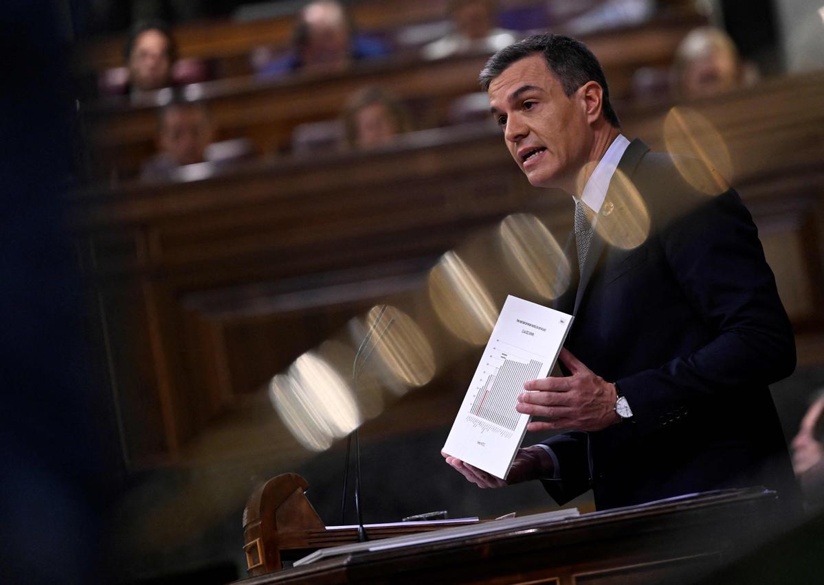 El presidente del Gobierno, Pedro Sánchez, durante su intervención en el debate sobre el estado de la nación, este martes en el Congreso