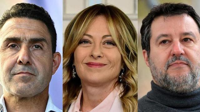 El general Roberto Vannacci, eurodiputat de la Lliga; la primera ministra d’Itàlia, Giorgia Meloni, i el vice primer ministre, Matteo Salvini