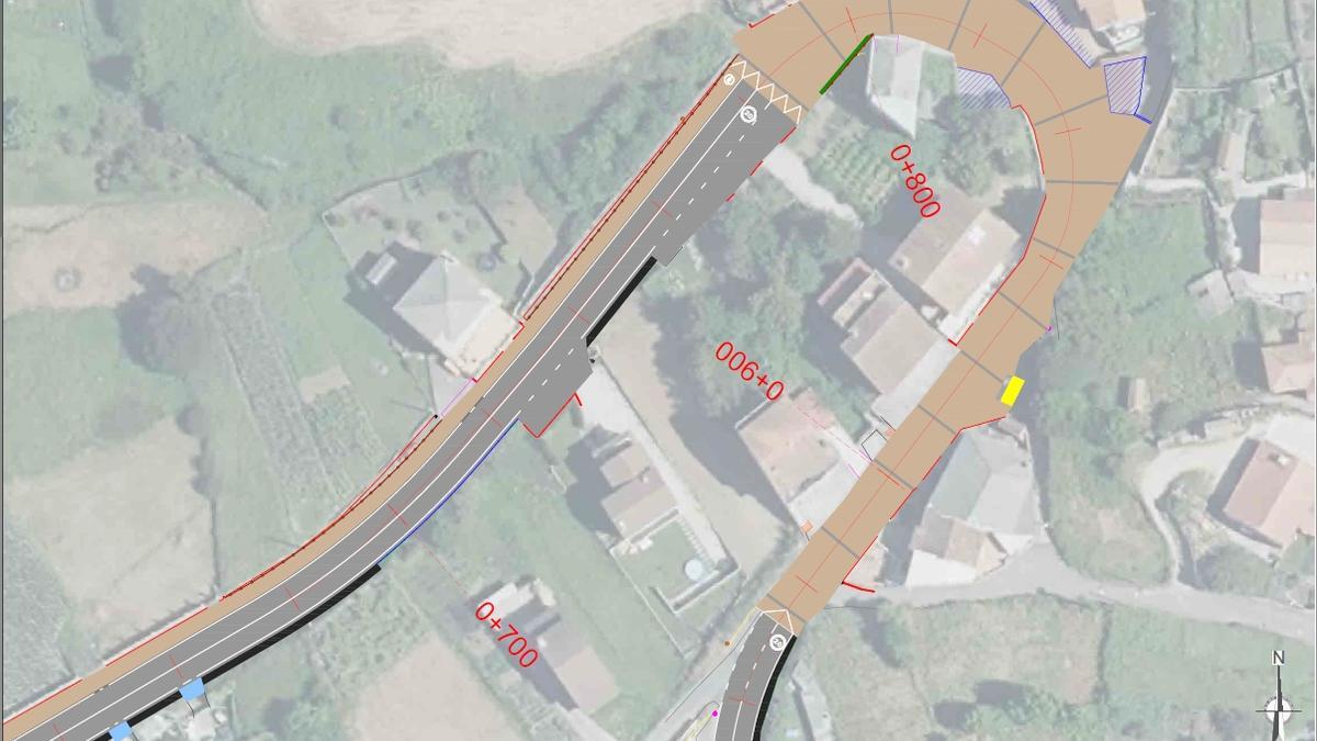 Un plano del proyecto de la carretera de Meiro., con la senda peatonal y la zona de convivencia en la curva de Fontouteiro.