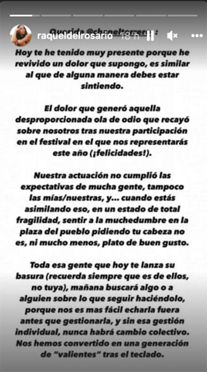 Fragmento de la carta de Raquel del Rosario a Chanel, ganadora del Benidorm Fest