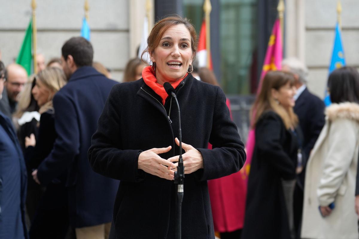 La ministra de Sanidad, Mónica García, hace una declaración a la prensa a su llegada al acto institucional por el Día de la Constitución, este sábado, en Madrid.