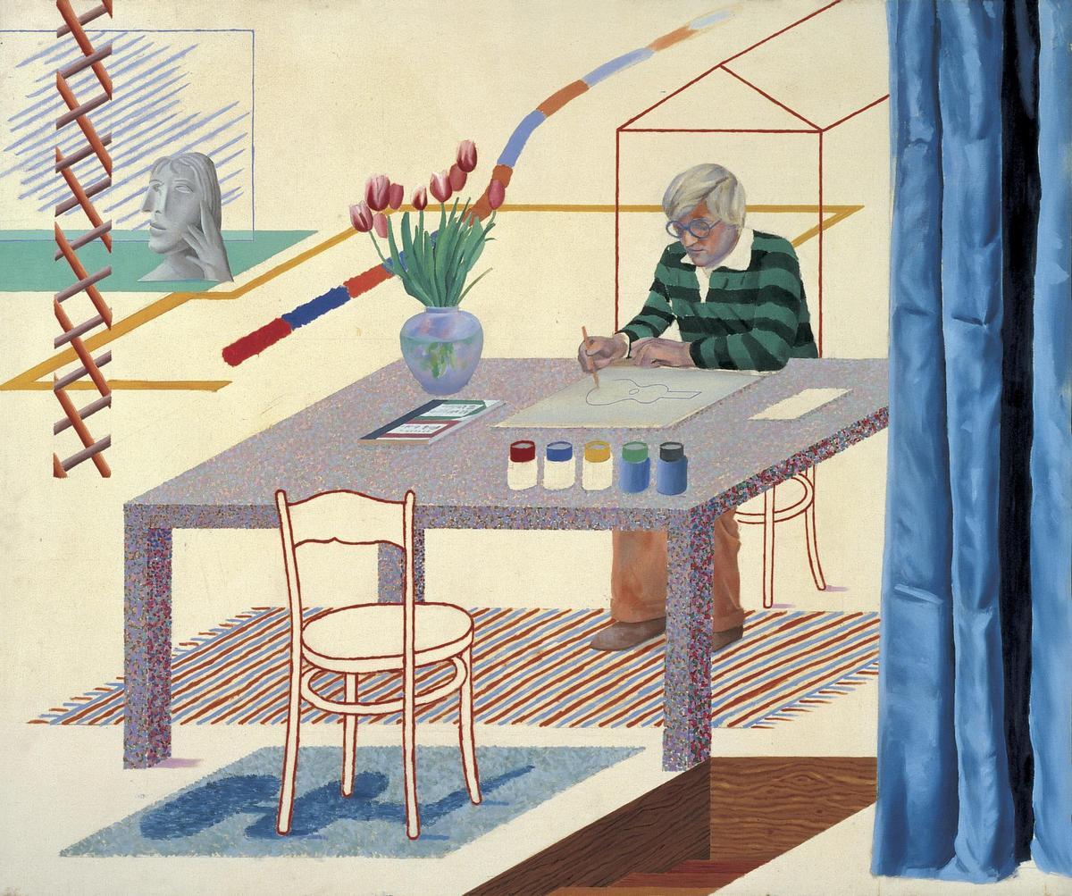 La obra 'Self-portrait with blu guitar' (1977) realizada por el artista británico David Hockney. La obra 'Self-portrait with blu guitar' (1977) realizada por el artista británico David Hockney.