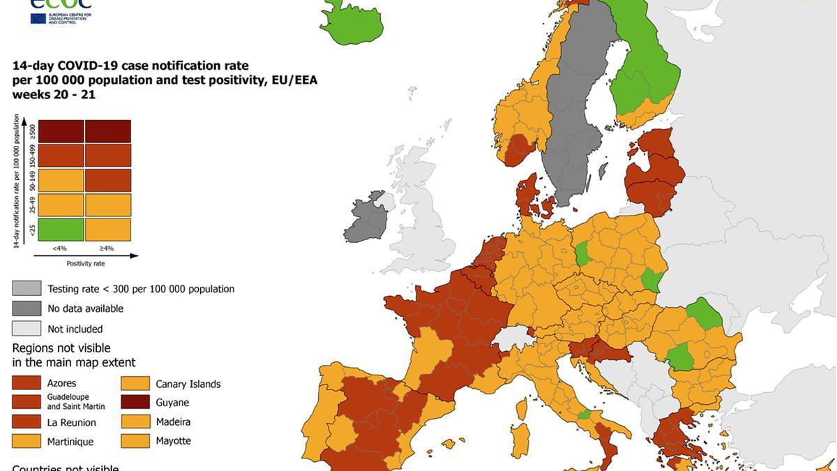 Mapa del Centre Europeu de Prevenció i Control de Malalties (ECDC, per les seves sigles en anglès) sobre el nivell de contagis a la Unió Europea del 3 de juny del 2021. (Horitzontal)