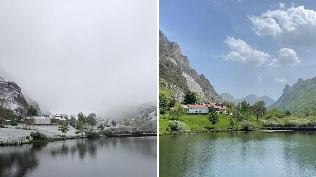 El mismo punto de Valle de Lago (Somiedo) hace una semana nevado (a la izquierda) y con sol y a más de 30 grados hoy (a la derecha)