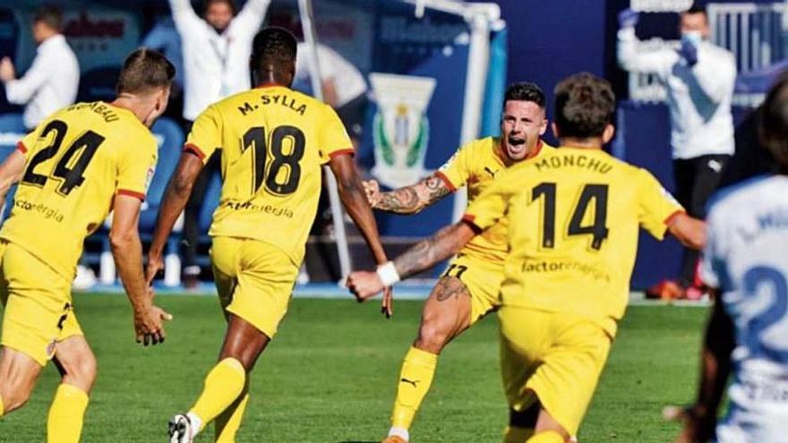 El Girona celebra el gol de Sylla al camp del Leganés, al principi de la temporada.