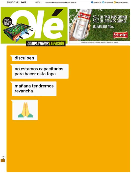 Portada OLÉ sábado 10 de noviembre 2018