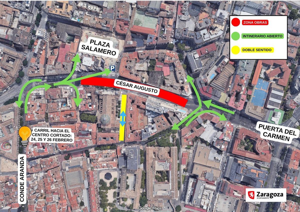 Mapa con los cortes de tráfico y alternativas de circulación.