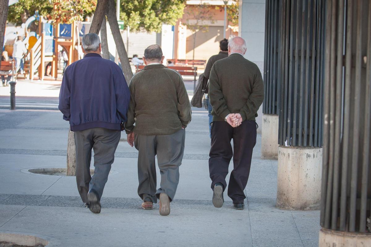Varios jubilados pasean por un parque de Alicante.