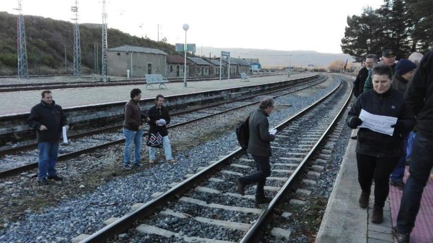 Participantes en la manifestación en defensa a la estación del AVE en Otero