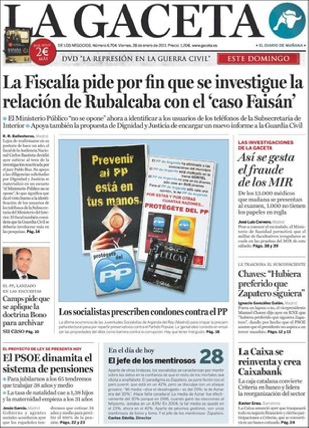 ’La Gaceta’ destaca a dins que la Moncloa i el Ministeri d’Afers Estrangers es desmarquen del viatge del president del Congrés, José Bono, a Guinea Equatorial --previst per al 9 de febrer-- i diuen que el desconeixen; que Francisco Camps demana al fiscal que apliqui la ’doctrina Bono’ per arxivar el seu cas, i que Brussel·les confirma que la futura patent europea no parlarà espanyol.