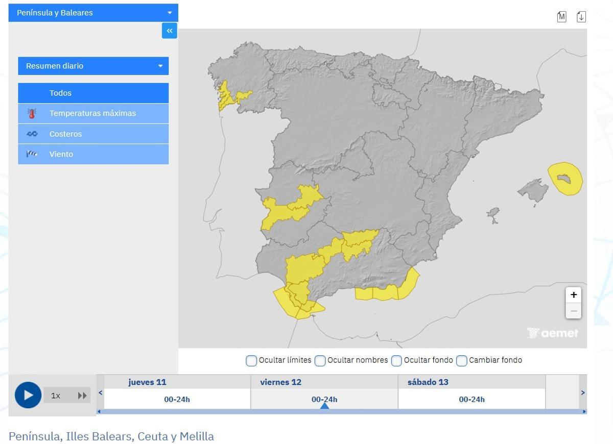 Mapa de avisos amarillos de la Aemet mañana viernes, 12 de junio. La Campiña cordobesa se encuentra en este umbral.
